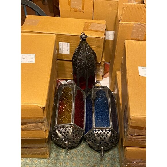 9 Pc Wedding Lot Copper Moroccan Lantern Metal Cutouts Decor 10" Tall MULTICOLOR - Picture 2 of 9